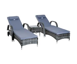 Rattan Lounger Set Grey 200x73x56cm PE Rattan Tempered Glass 3PC Cushioned 5Pos