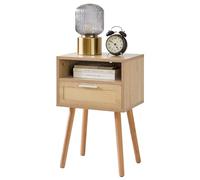 Rattan Nightstand, Boho Side Table with Drawer and Open Shelf, Wood Accent End Table for Bedroom and Living Room, Ideal for Small Spaces
