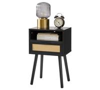 Rattan Nightstand, Boho Side Table with Drawer and Open Shelf, Wood Accent End Table for Bedroom and Living Room, Ideal for Small Spaces