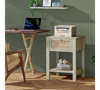 Rattan Nightstand, Farmhouse Wooden Bedside Table with Decorated Drawers, Easy Assembly for Bedroom