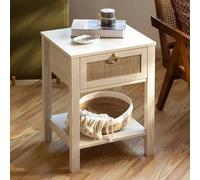 Rattan Nightstand, Farmhouse Wooden Bedside Table with Decorated Drawers, Easy Assembly for Bedroom