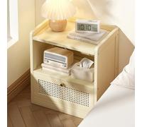 Rattan Nightstand with Drawer - Stylish Bedside Table with Open Shelf Storage Small Wood End Table for Bedroom & Living Room (White 35.5x31x49cm)