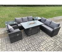Rattan Outdoor Furniture Gas Fire Pit Dining Table Gas Heater Reclining Chair 3 Seater Sofa Sets with 2 Side Tables 7 Seater Fimous Dark Grey One Size