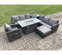Rattan Outdoor Furniture Gas Fire Pit Dining Table Gas Heater Reclining Chair 3 Seater Sofa Sets with Big Footstool Fimous Dark Grey One Size