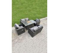 Fimous Rattan Outdoor Furniture Gas Fire Pit Rectangle Dining Table Gas Heater Adjustable Reclining Chairs Love Sofa Sets 6 Seater