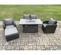 Fimous Rattan Outdoor Garden Furniture Set Gas Fire Pit Dining Table with Chair Love seat Sofa Footstool
