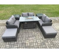 Fimous Rattan Outdoor Garden Furniture Sofa Set Gas Fire Pit Dining Table Gas Heater with 2 Side Tables Love Sofa 2 Big Footstool Dark Grey Mixed