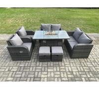 Fimous Rattan Outdoor Garden Furniture Sofa Set Gas Fire Pit Dining Table Gas Heater with Love Sofa 2 Small Footstool 8 Seater Dark Grey Mixed