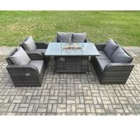 Fimous Rattan Outdoor Garden Furniture Sofa Set Gas Fire Pit Dining Table Gas Heater with Love Sofa Recling Chair 6 Seater