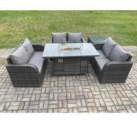 Fimous Rattan Outdoor Garden Furniture Sofa Set Gas Fire Pit Dining Table Gas Heater with Side Table Love Sofa Dark Grey Mixed