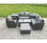Rattan Outdoor Garden Furniture Sofa Set Patio Table & Chairs Set with Big Footstool 2 Side Tables Dark Grey Mixed Fimous Dark Grey One Size