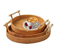 Rattan Round Serving Tray with Handles, Set of 3, Hand-Woven Wicker Tray, Rattan Tray, Fruit Baskets, Woven Bread Basket, Rustic Decorative Tray for Serving Food, Crackers, Pastries, Snacks