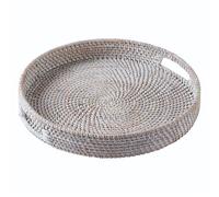 Rattan Serving Tray 31cm / 12" • Woven Serving Trays with Handles for Home • Round Coffee Table Tray • Wicker Serving Basket for Bread, Fruit, Candles • Whitewash