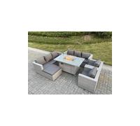 Rattan Set Gas Fire Pit Dining Table Heater Burner Lounge Sofa Set Chairs Footstool Fimous Light Grey One Size