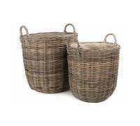 Red Hamper Set of 2 Hessian Lined Tall Round Fireside Grey Rattan Log Basket