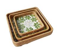 Rattan Shell Tray Set of 3, Square Rattan Woven Basket Tray, Handmade Rattan Shell Colorful Storage Square Tray, Boho Wicker Rattan Woven Basket for Fruit Jewelry Plate Dinner Serving Tray (#4)