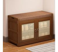 Rattan Shoe Bench with Cushion - 2-Door Shoe Storage Cabinet & Rack for Entryway Hallway Living Room Bedroom Mudroom - Stylish Shoe Shelf with Storage 70cm