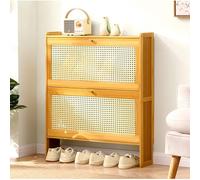 Rattan Shoe Cabinet - Space-Saving Freestanding Storage with Folding Doors, Double Layer Design, 70cm Tall, Perfect for Slim Entryways & Organized Footwear Storage