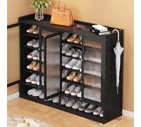 Rattan Shoe Cabinet with 4 Doors 7-Tier Shoe Storage Cupboard Wooden Entryway nizer for Narrow Hallway Living Room & Bedroom (120x32x93cm)