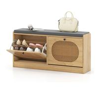 Rattan Shoe Rack Stand Shoe Storage Bench With Seat Cushion-Natural Gymax Light Khaki One Size