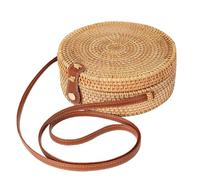Rattan Shoulder Bag,Rattan Crossbody Bag for Women Rattan Bag Round Woven Shoulder Bag with Leather Strap and Buckle Fashionable Summer Beach Bag for Women Travel