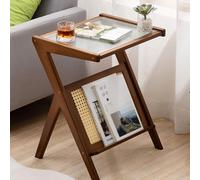 Rattan Side Table, Mid Century Nightstand, Bamboo Accent Table with Glass Top & Magazine Rack, Z-Shaped Design for Small Spaces, Living Room and Bedroom Essentials