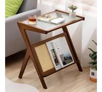 Rattan Side Table with Glass Top and Magazine Rack for Small Spaces | Stylish Rattan Side Table with Magazine Rack and Glass Top for Small Space Living Room or Bedroom Organization