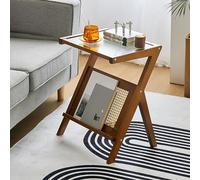 Rattan Side Table with Glass Top, Boho Nightstand with Storage and Magazine Rack for Living Room and Small Spaces
