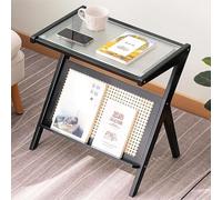 Rattan Side Table with Magazine Rack - Z-shaped End Table for Small Spaces, Bamboo Boho Nightstand with Glass Top for Living Room and Bedroom