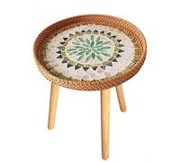 Rattan Side Table with Shell Inlays Round Coffee Table Narrow Wood Accent Table for Sofa Small Round Nightstand for Living Room Farmhouse Style (Green/Black)