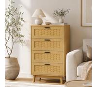 Rattan Sideboard Buffet Cabinet - 4 Drawers Solid Wood Storage Unit for Kitchen Dining Room & Living Room - Versatile Oak Console Table & Stylish Home Décor