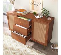 Rattan Sideboard Cabinet with 2 Perforated Rattan-Front Drawers, Walnut 6-Drawer Dresser for Dining Areas, 120L x 40W x 90H cm, Walnut Aosom UK