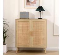 Rattan Sideboard Storage Cabinet for Living Room Wicker 2 Door Cupboard with Shelves Wooden Furniture for Lounge & Hallway Tall Storage Unit 80x40x88cm