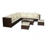 Rattan Sofa Set Brown 2-Seater 118x60x64cm Corner Coffee Table Glass Cream Pads
