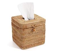 Rattan Square Tissue Box Cover, 5.7" x 5.7" x 5", Decorative Woven Facial Tissue Holder with Hinged Top Lid, Natural Color