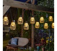 Rattan Style Garden String Lights Outdoor Path Lanterns 10 Warm White LEDs | Solar Power IP44 Weather Resistant Patio Path Decoration Lights External Panel With Rechargeable Battery