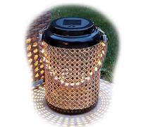 Rattan Style Solar Lanterns Rope Handle Black Metal Distressed Garden Light (Large)
