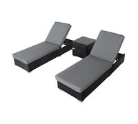 Rattan Sun Lounger 3PC Set 2 Black Wicker Recliner Day Beds Lockable Side Table 5 Position Adjustable Backrest Chaise Chair Thick Cushions Garden Furniture Patio Outdoor Weather-Resistant Rain Cover