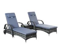 Outsunny 3-Piece Rattan Sun Lounger Set with Glass-Top Side Table & Cushions - Grey, Grey