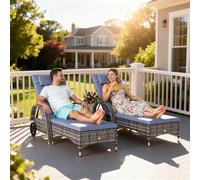 Outsunny 3-Piece Rattan Sun Lounger Set with Glass-Top Side Table & Cushions - Grey, Grey