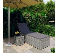 vidaXL Sun Lounger with Cushion and Tea Table Poly Rattan Grey, Grey