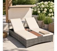 Rattan Sun Lounger With Canopy Central Table And Adjustable Backrests