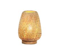 Rattan Table Lamp, 3 Color Temperature Small Beside Lamp, Wooden Nightstand Boho Bamboo Woven End Table Lamps EU Plug