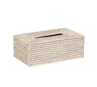 Rattan Tissue Box Cover Premium Ketak Rattan Tissue Box Holder Vintage Style Side Table Coffee Table Decor (White, Rectangular)