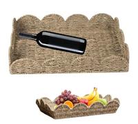 Rattan Tray 19.7x14.6x3.9 Inch Rustic Woven Serving Tray with Scalloped Edge and Handle for Coffee Table Living Room Desk, Ornaments de jardin