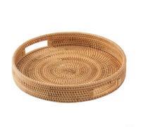 Rattan Tray, Hand Woven Round Wicker Tray with Handles, Large Round Rattan Basket Serving Trays Decorative for Furit, Coffee, Snack, Bread, Drink, Breakfast, Candle(35CM)
