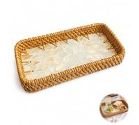 Rattan Tray, Key Tray for Hallways with Gold and White Leaf Handwoven | for Coffee Tables, Bedside, Rattan Rectangular Tray for Keys, Vanity, Candle, Ornament, Perfume