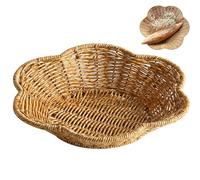 Rattan Tray, Rattan Serving Tray Flower-shaped Rustic Woven Shallow Scalloped Basket 10 Inch PE Storage for Fruit, Bread, Vegetable & More