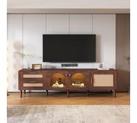 Rattan TV Cabinet 180cm with 2 Drawers Glass Doors LED Lighting | Stylish Storage TV Unit for for 80 Inch TV, Brown Wooden TV Stand with Height-Adjustable Legs