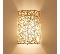 Rattan Wall Sconce Half Semi-Cylindl Japanese-Style Wall Lamp Retro Boho Art Wicker Wall Light with White PVC Shade, E27 Wood Wall Sconces for Hotel Hallway Hall Cafe